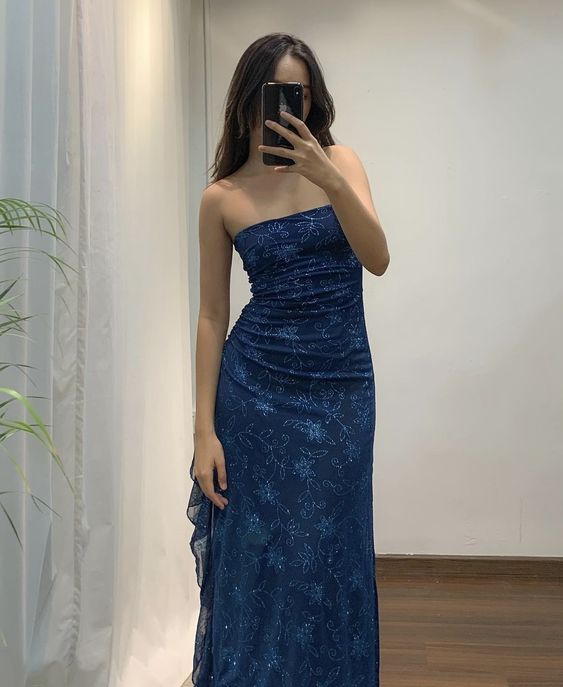 Elegant Sheath Strapless Navy Blue Long Prom Dresses Evening Gowns