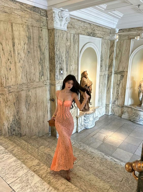 Gorgeous Mermaid Spaghetti Straps Lace Orange Long Prom Dresses Evening Dress