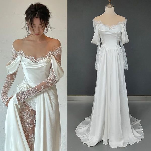 Off Shoulder Lace Wedding Gowns Big Size Custom Made A Line Long Sleeves Ruched Satin High Slit Bridal Dress