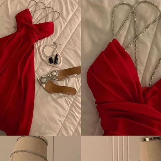 Modest A Line Spaghetti Straps Red Prom Dresses Evening Dress