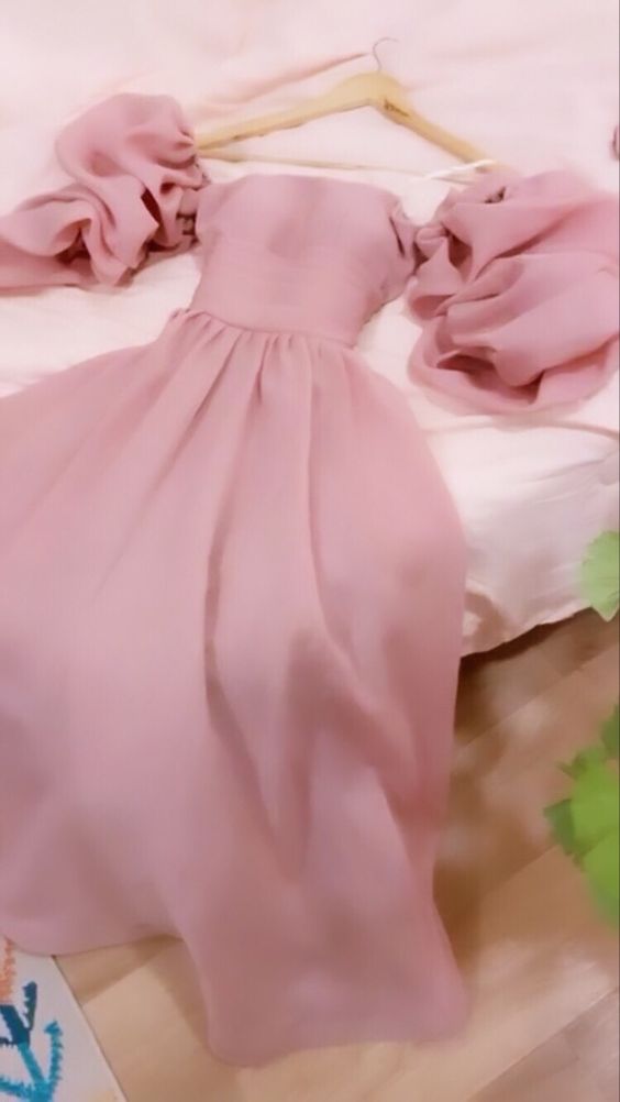 Modest A Line Off The Shoulder Pink Organza Long Prom Dresses Evening Dress