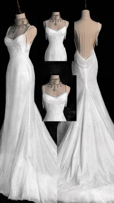 Fairytale Mermaid Wedding Dresses Glittering Straps Backless Wedding Dress