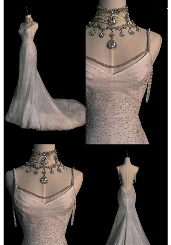 Fairytale Mermaid Wedding Dresses Glittering Straps Backless Wedding Dress