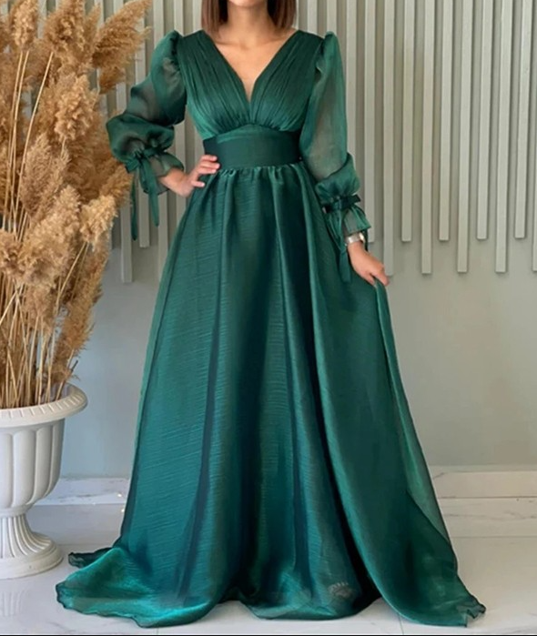 Modest A Line V Neckline Long Sleeves Hot Pink Tulle Long Prom Dresses Evening Dress