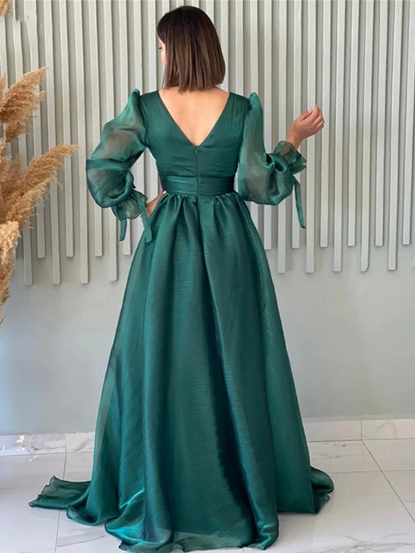 Modest A Line V Neckline Long Sleeves Hot Pink Tulle Long Prom Dresses Evening Dress
