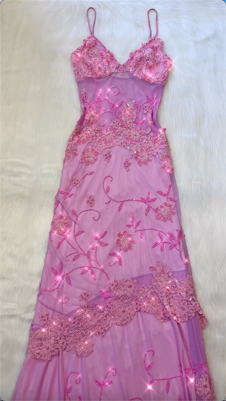 Vintage A Line Spaghetti Straps Pink Lace Floor Length Prom Dresses Beads Evening Dress