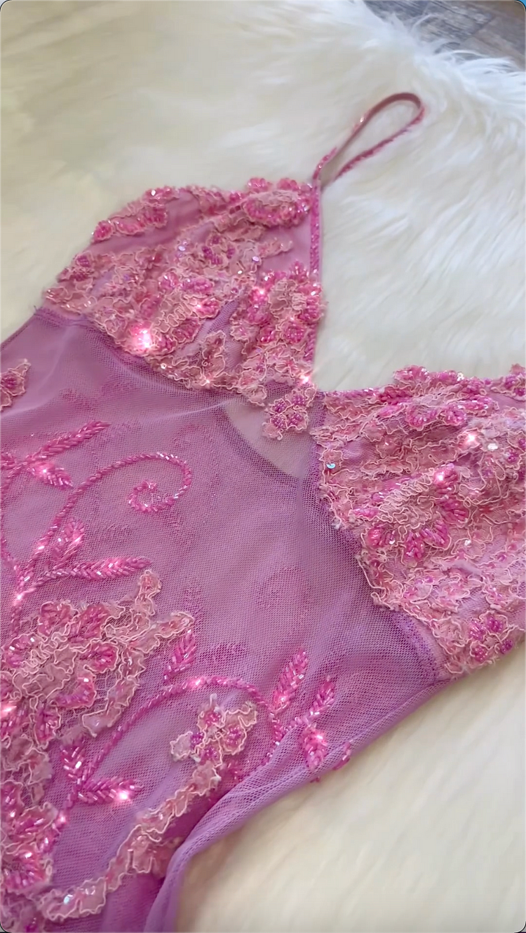 Vintage A Line Spaghetti Straps Pink Lace Floor Length Prom Dresses Beads Evening Dress