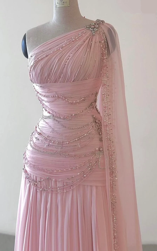 Vintage A Line One Shoulder Chiffon Floor Length Prom Dresses Beads Evening Dress