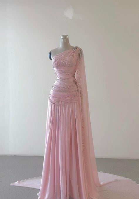 Vintage A Line One Shoulder Chiffon Floor Length Prom Dresses Beads Evening Dress