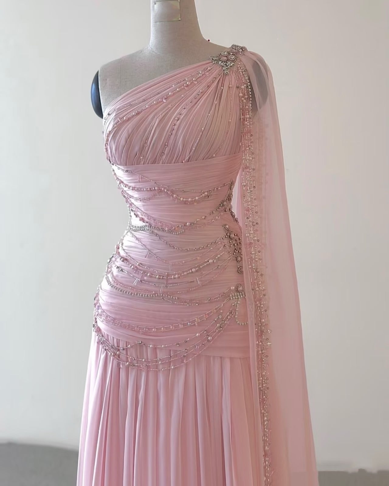 Vintage A Line One Shoulder Chiffon Floor Length Prom Dresses Beads Evening Dress