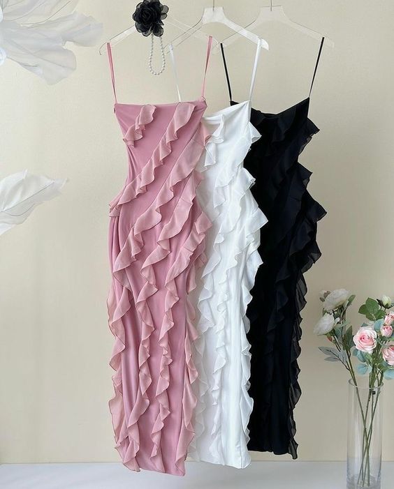 Vintage Sheath Spaghetti Straps Pink Chiffon Floor Length Prom Dresses Ruffles Evening Dress