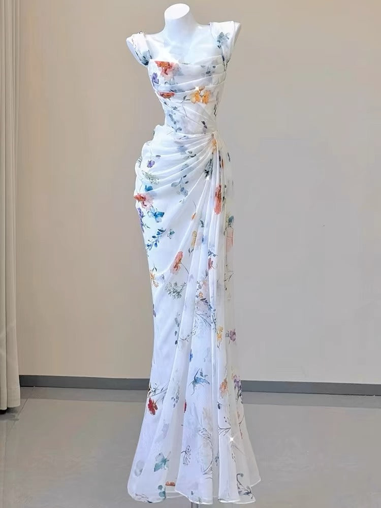 Vintage Sheath Square Neckline Long Prom Dresses White Floral Evening Dress With Ruffles