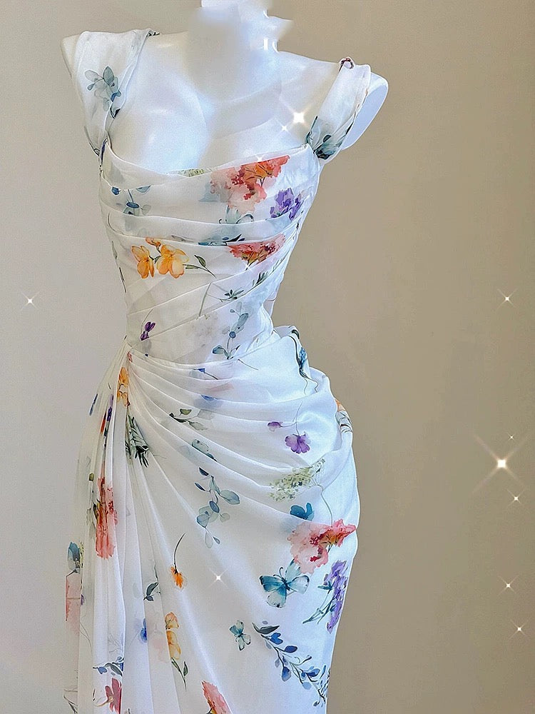 Vintage Sheath Square Neckline Long Prom Dresses White Floral Evening Dress With Ruffles