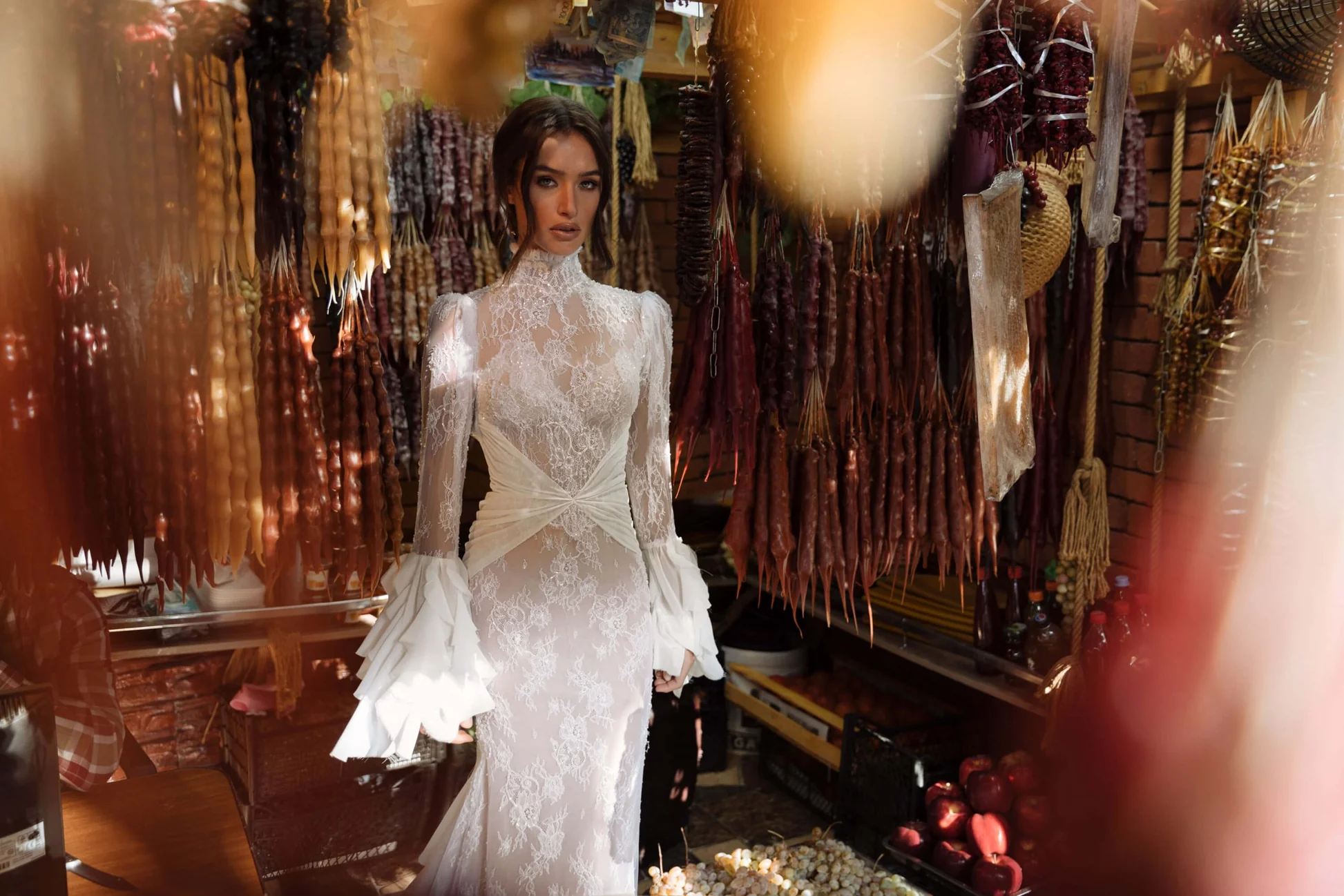 Fairytale Mermaid High Neckline With Long Sleeves Lace Wedding Dress
