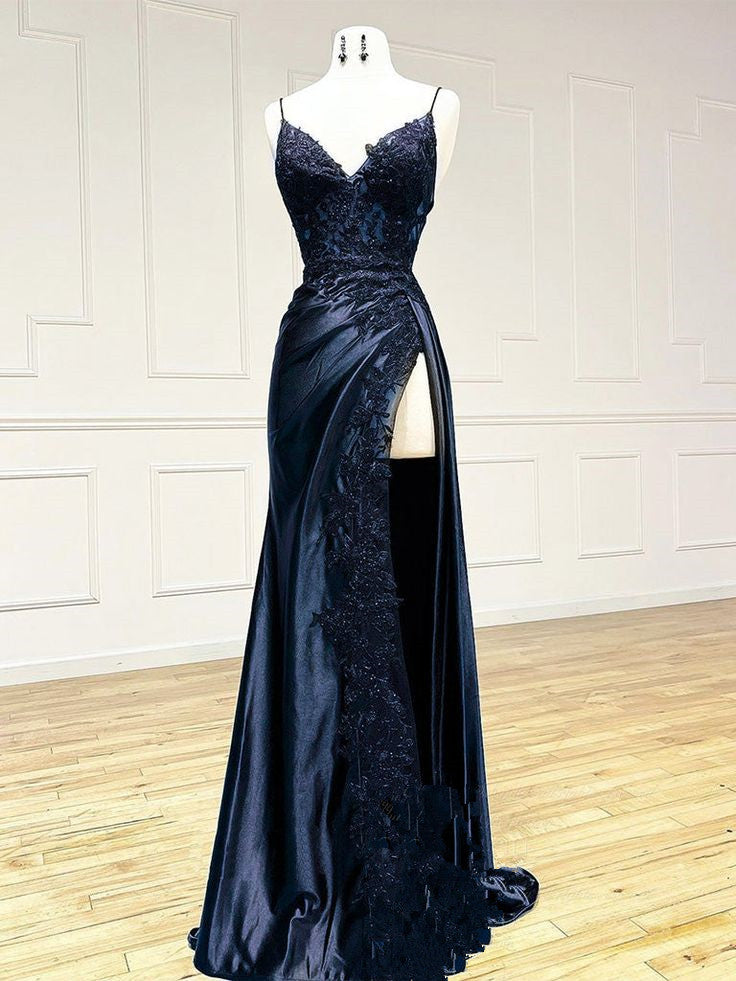 Pretty V Neck Satin Lace Long Prom Dress, Elegant Lace Long Evening Dress