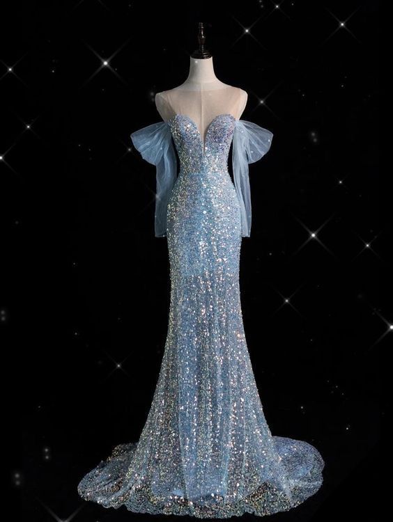 Elegant Sheath Off The Shoulder Sequin Blue Long Prom Dresses Sequin Party Dress