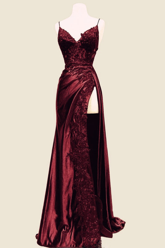 Elegant Mermaid Spaghetti Straps Burgundy Satin Long Prom Dresses Beads Party Dress