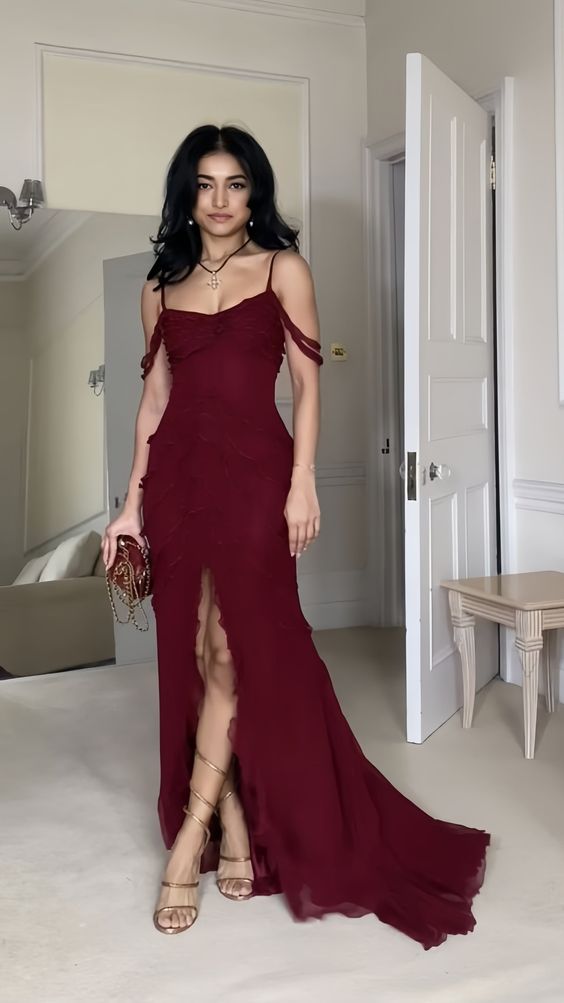 Burgundy Chiffon Slit Formal Evening Gown, Long Party Prom Dress