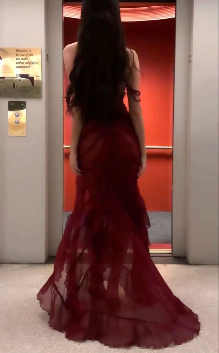 Burgundy Chiffon Slit Formal Evening Gown, Long Party Prom Dress
