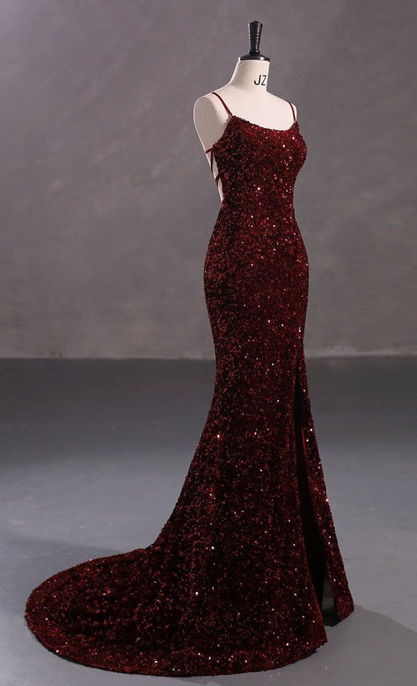 Elegant Mermaid Spaghetti Straps Burgundy Sequin Backless Long Prom Dresses Party Dress