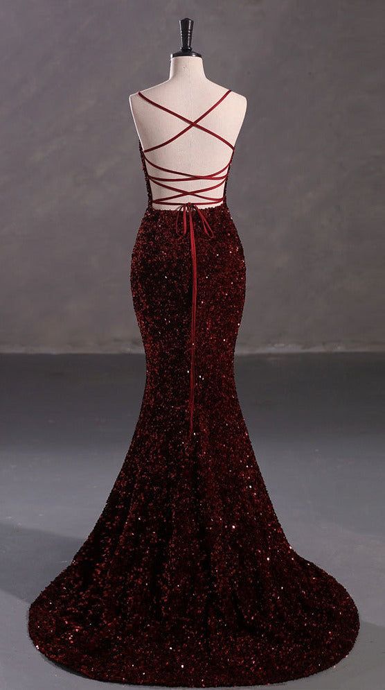 Elegant Mermaid Spaghetti Straps Burgundy Sequin Backless Long Prom Dresses Party Dress