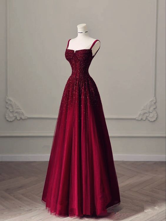 Elegant A Line Straps Burgundy Tulle Satin Long Prom Dresses Evening Dress