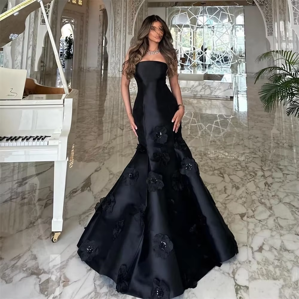 Classy Mermaid Strapless Sleeveless Satin Black Long Prom Dresses Evening Dress