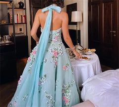 Classy Ball Gown Halter Light Blue Tulle Lace Prom Dresses Evening Dress