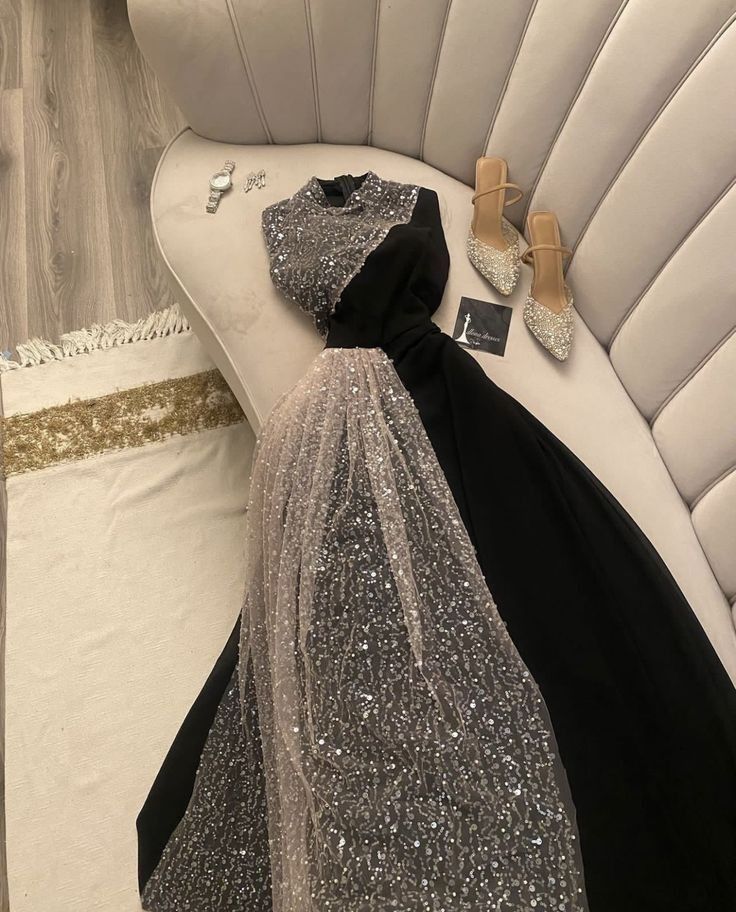 Classy A line High Neckline Black Sequin Long Prom Dresses Evening Dress
