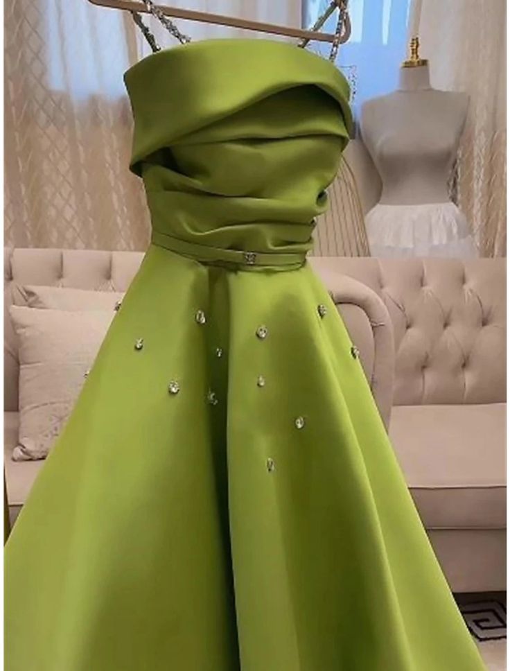 Classy A Line Spaghetti Straps Bud Green Satin Beads Prom Dresses Evening Dress