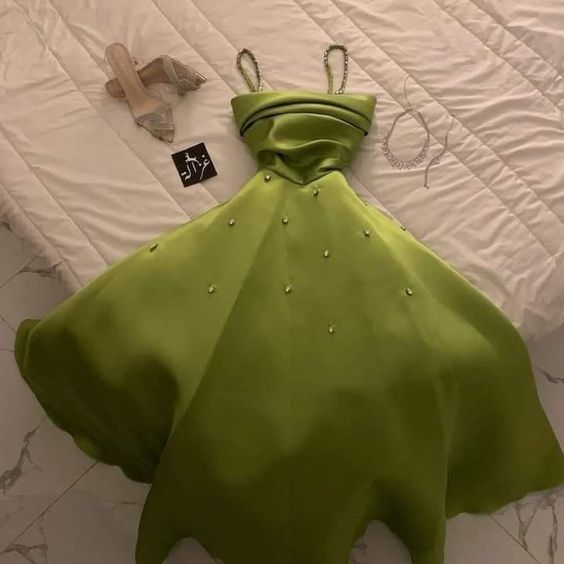 Classy A Line Spaghetti Straps Bud Green Satin Beads Prom Dresses Evening Dress