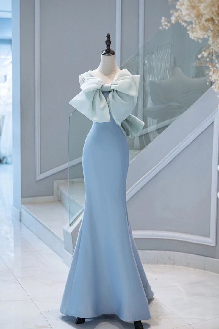 Elegant Mermaid Satin Blue Long Prom Dresses With Bow-knot Party Dress
