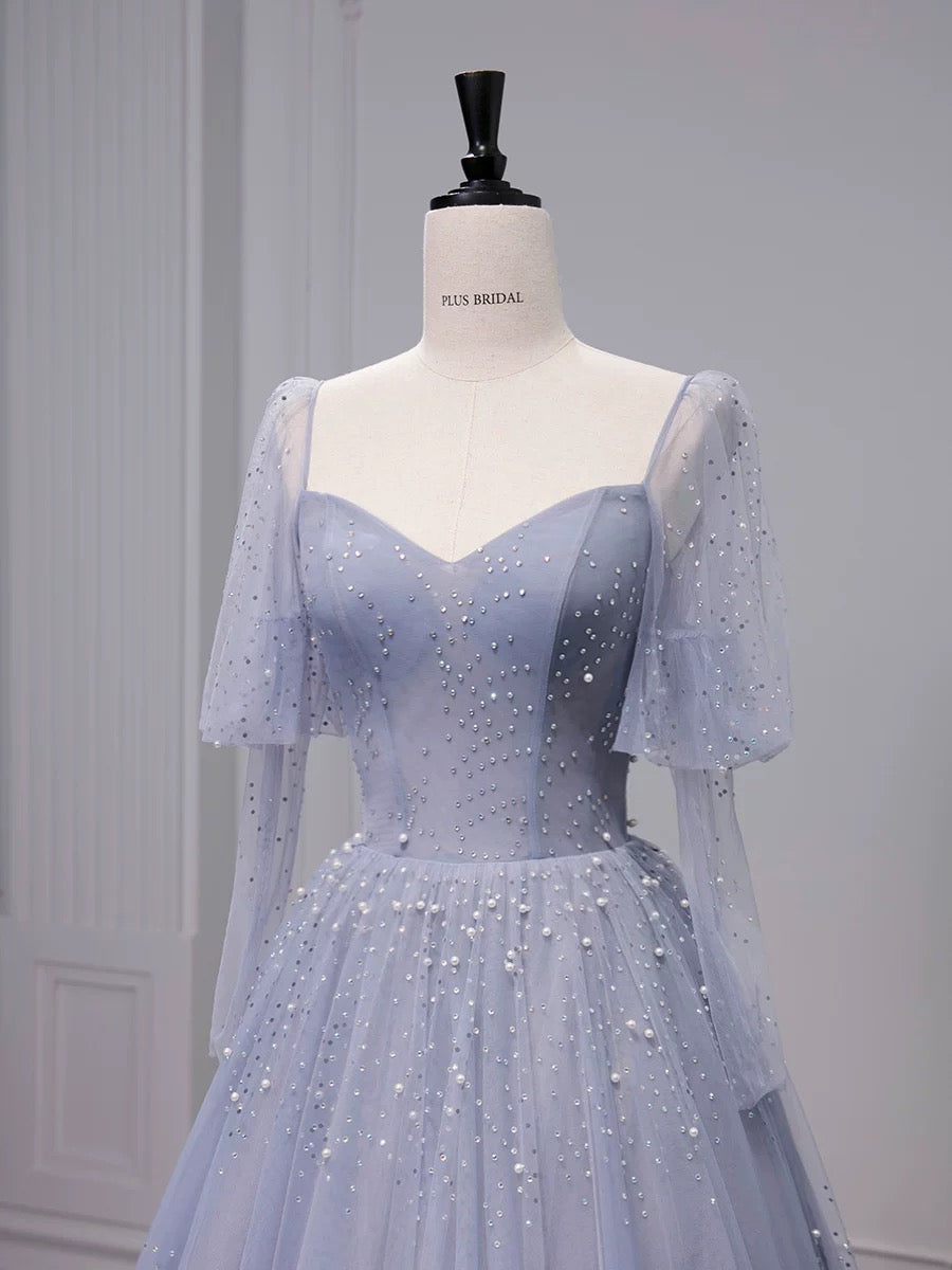 Chic Ball Gown Strapless Blue Tulle Long Prom Dresses With Beads Party Dress