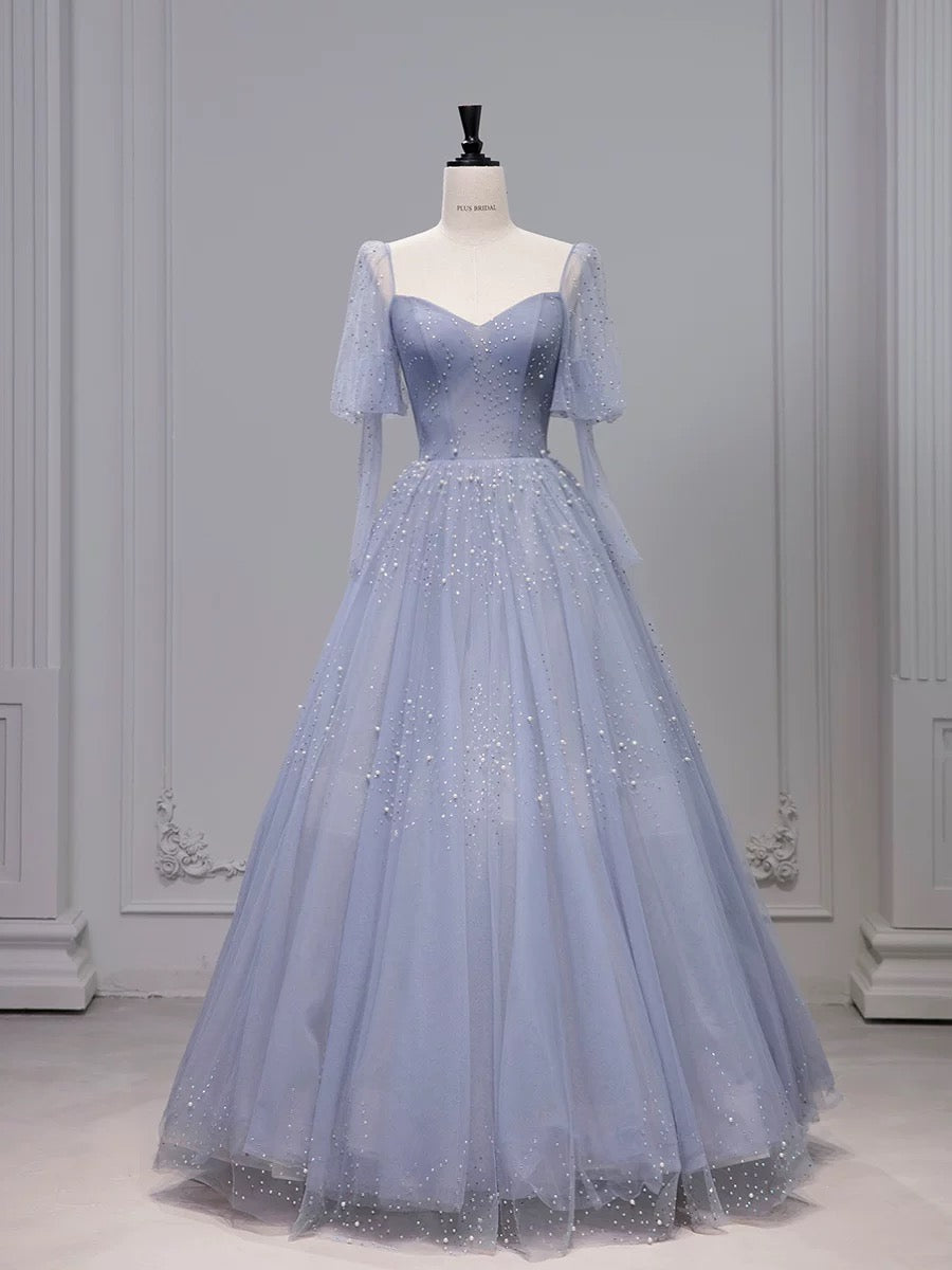 Chic Ball Gown Strapless Blue Tulle Long Prom Dresses With Beads Party Dress