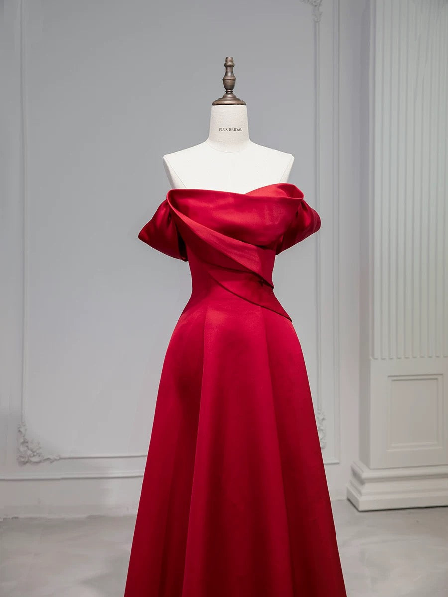 Elegant A line Off The Shoulder Red Satin Party Dress Prom Dresses Evening Dress