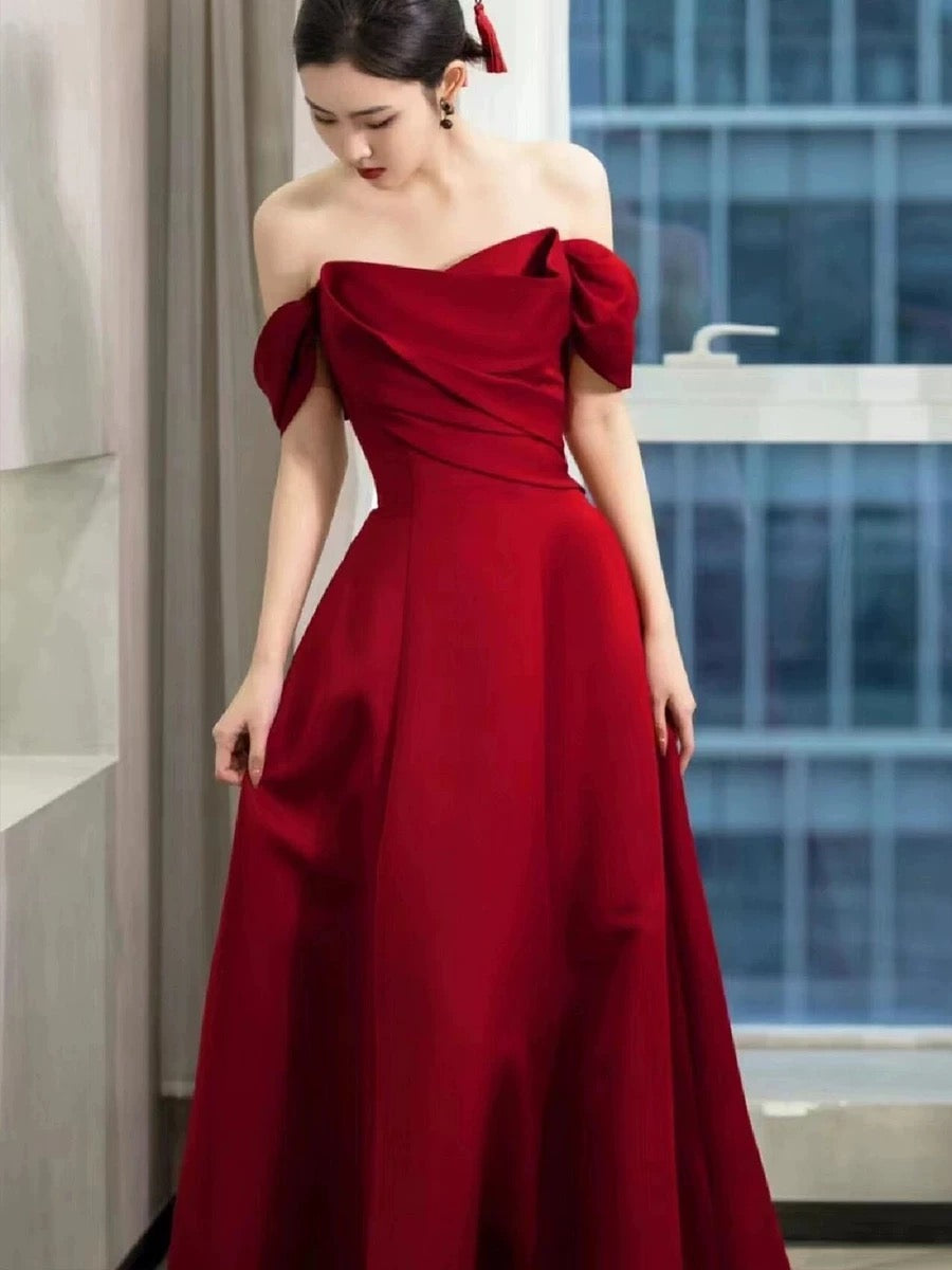 Elegant A line Off The Shoulder Red Satin Party Dress Prom Dresses Evening Dress