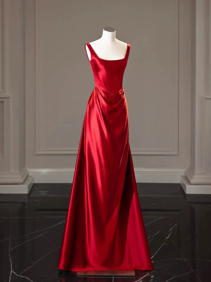 Simple A-line Square Neckline Satin Red Long Evening Dress Prom Dress