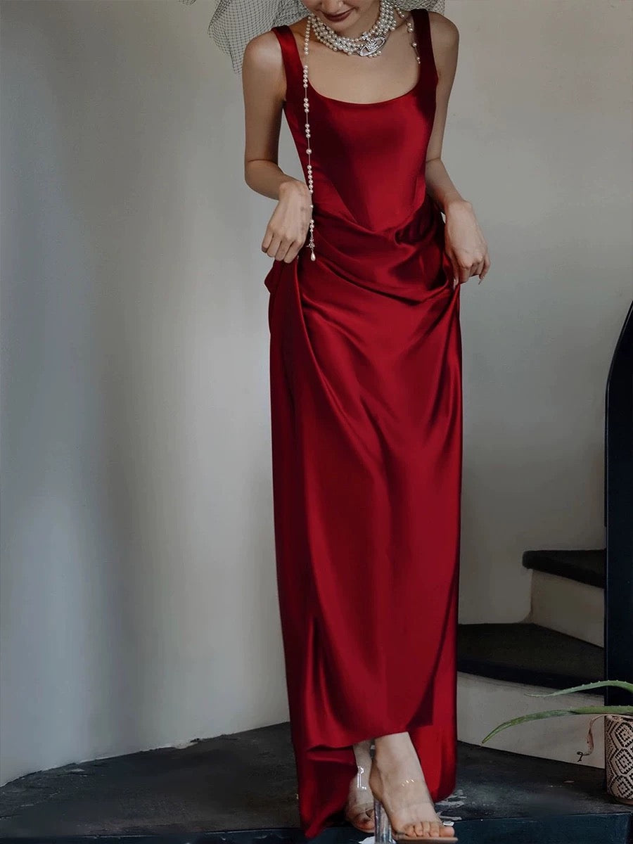 Simple A-line Square Neckline Satin Red Long Evening Dress Prom Dress