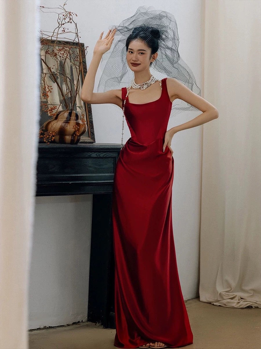 Simple A-line Square Neckline Satin Red Long Evening Dress Prom Dress