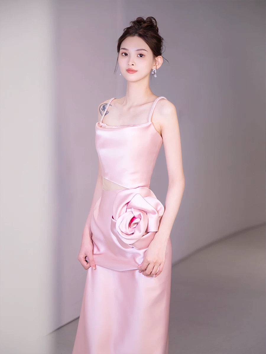 Simple A-line Spaghetti Straps Satin Pink Long Evening Dress Prom Dress