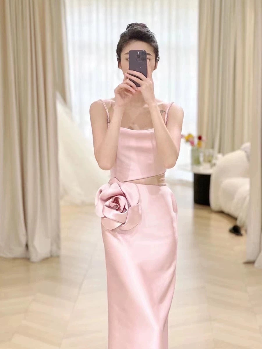 Simple A-line Spaghetti Straps Satin Pink Long Evening Dress Prom Dress