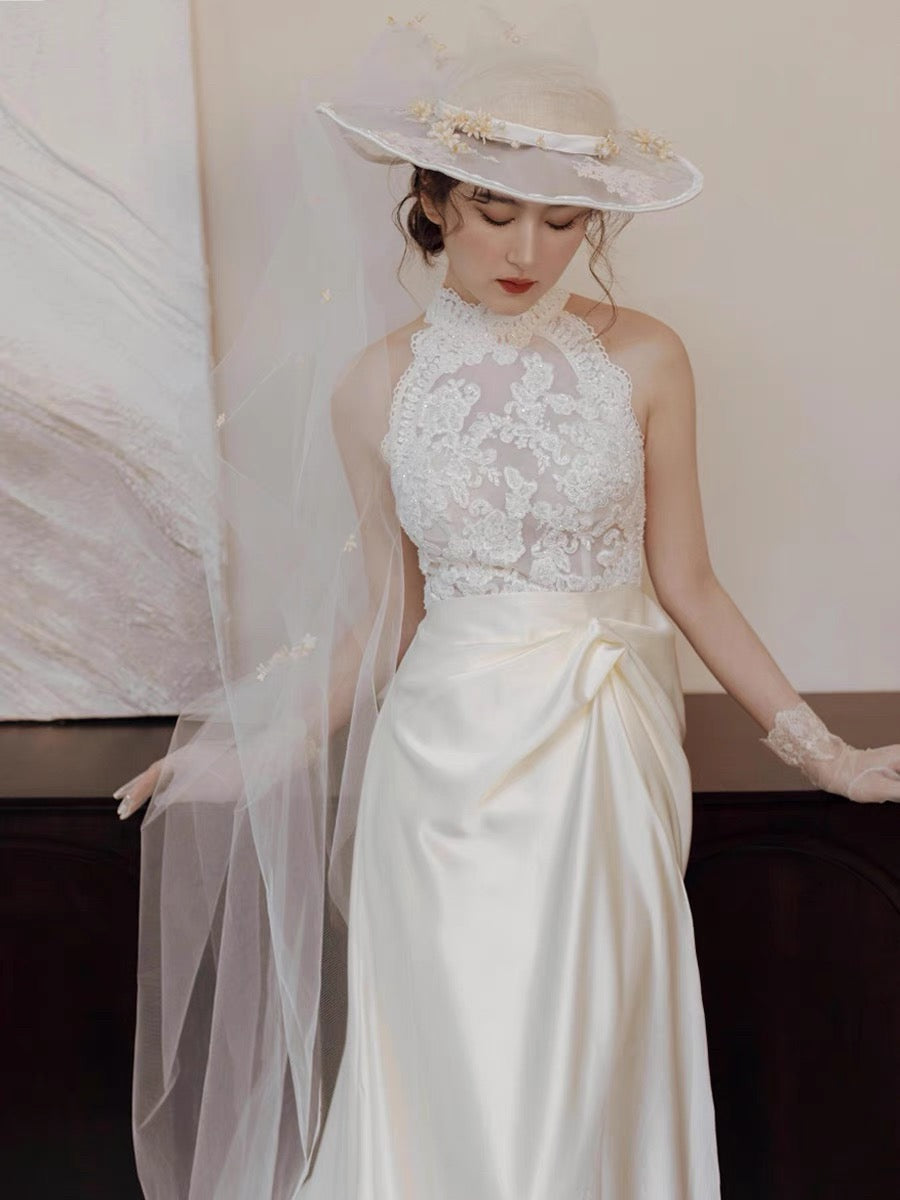 Chic A line High Neckline Sleeveless White Satin Wedding Dresses With Ruffles