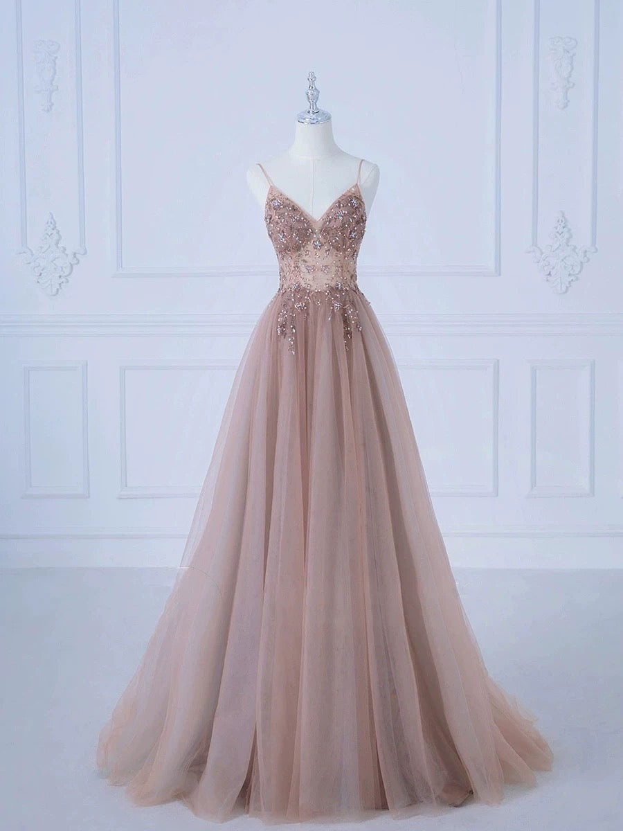 Elegant A-Line Spaghetti Straps Tulle Long Prom Dress Evening Dress