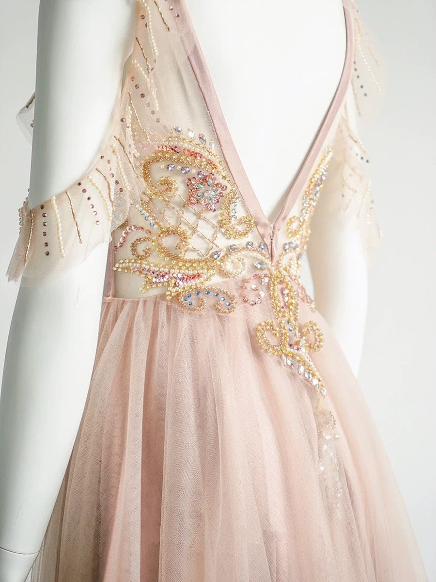 Elegant A-Line Jewel Neckline Tulle Long Prom Dress Evening Dress