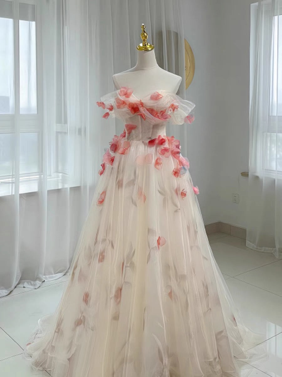 Elegant A-Line Off The Shoulder Flowers Tulle Long Prom Dress Evening Dress