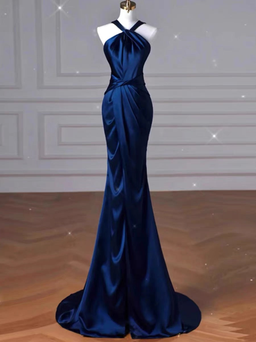 Sexy Mermaid High Neckline Navy Blue Satin Evening Dress Long Prom Dresses Party Dress With Ruffles