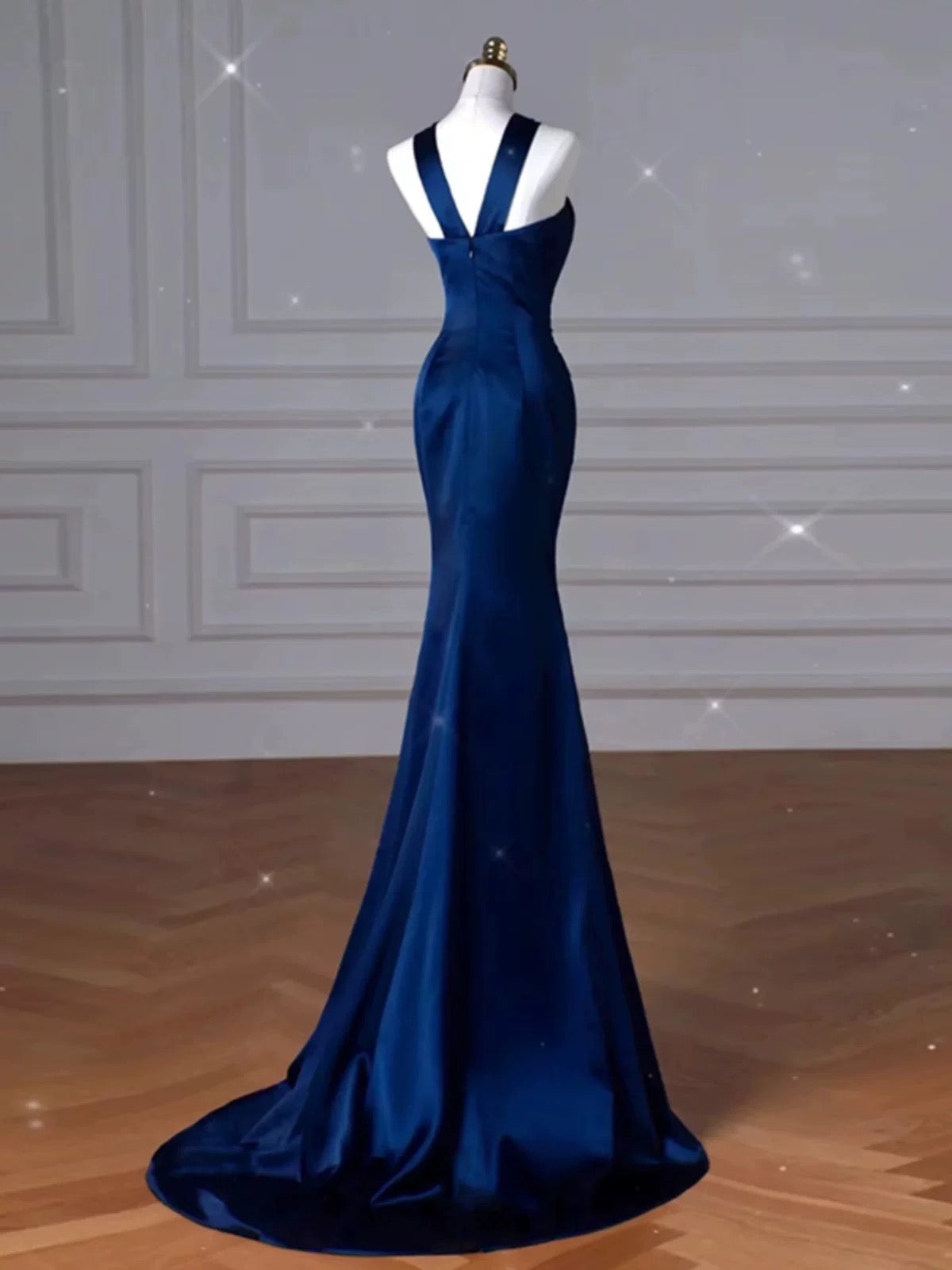 Sexy Mermaid High Neckline Navy Blue Satin Evening Dress Long Prom Dresses Party Dress With Ruffles