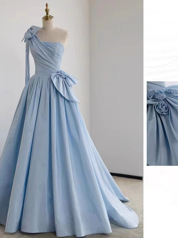 Elegant Ball Gown One Shoulder Light Sky Blue Satin Flowers Long Prom Dress Evening Dress