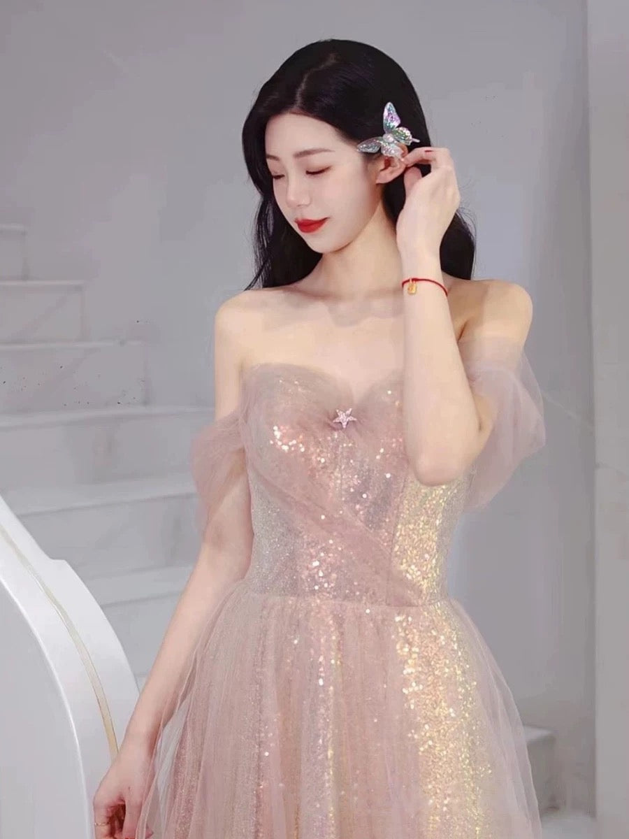 Elegant A Line Spaghetti Straps Pink Sequin Long Prom Dress Evening Dresses