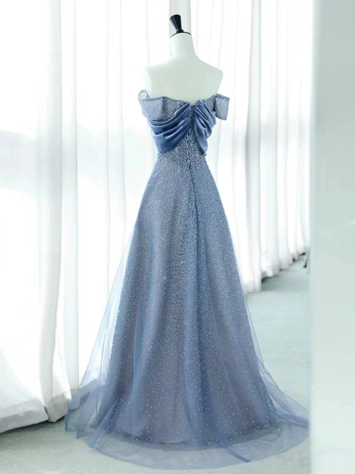Elegant A Line Off The Shoulder Blue Sequin Long Prom Dress Evening Dresses